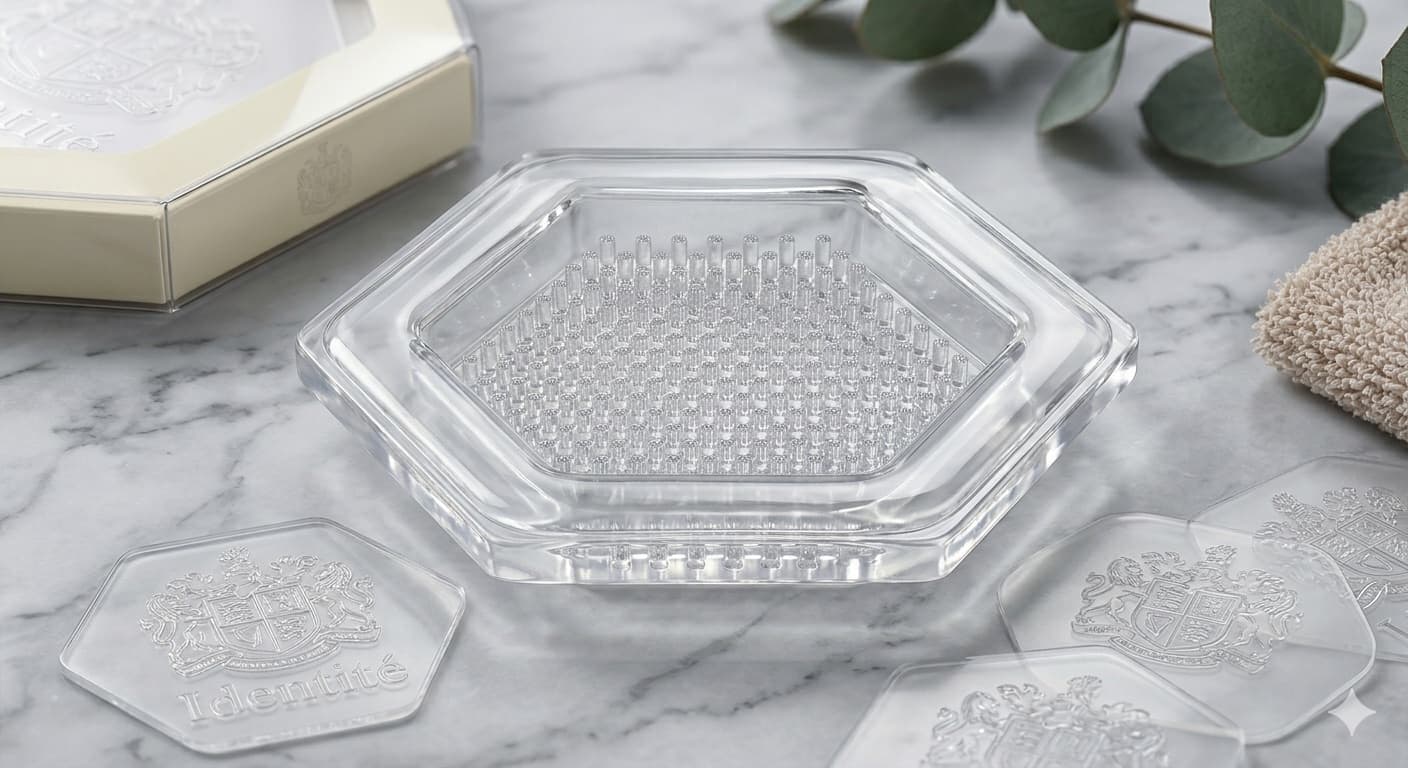 The Identité hexagonal silicone stamp with glass micro-needles, resting on marble
