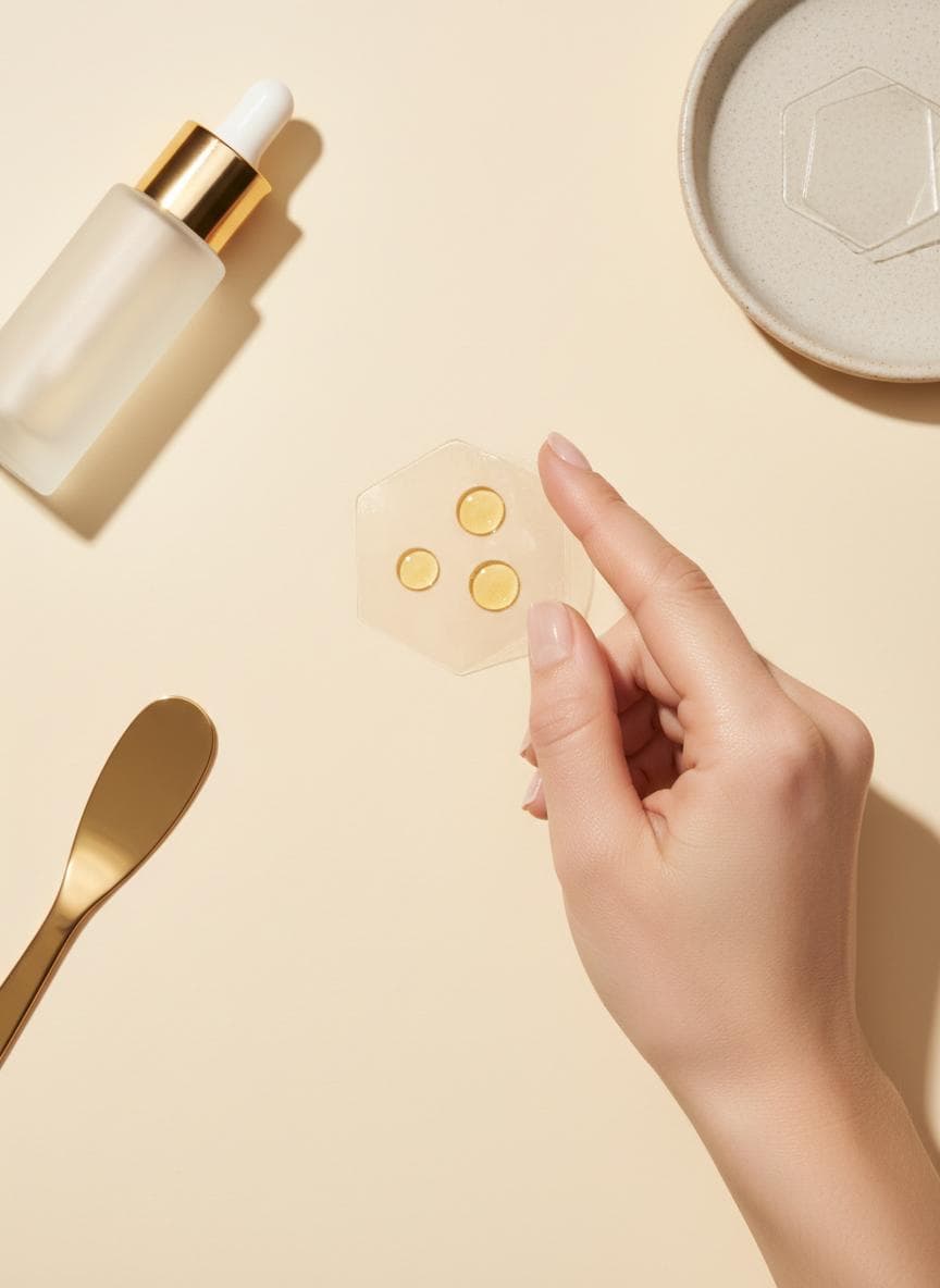 CELL hexagonal silicone reservoir patches arranged with embossed French royal house coat of arms, alongside the DOSE serum bottle