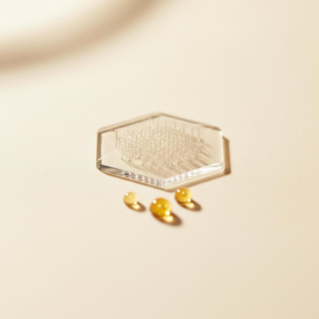 Close-up of CELL hexagonal patch showing columnar retaining system — microscopic posts that hold serum drops