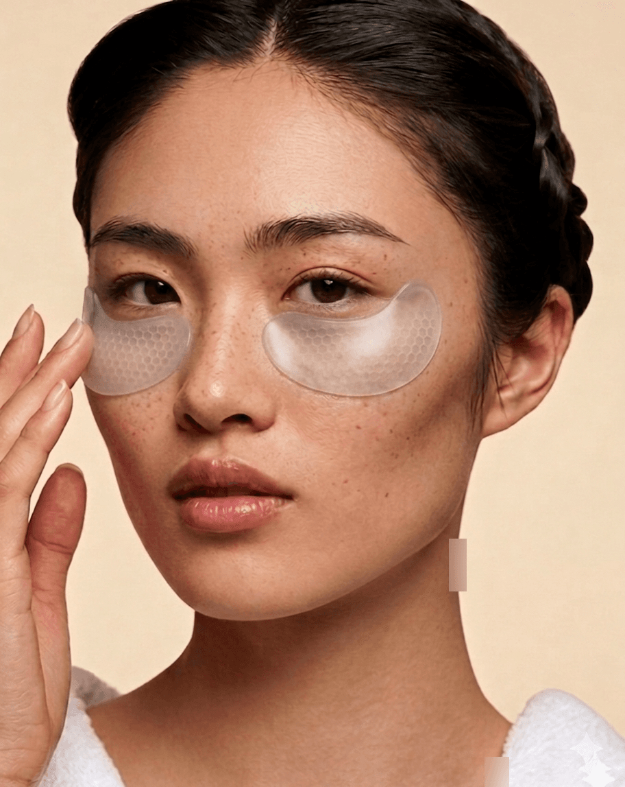 A model with a pair of Identité patches placed under each eye, her hand resting against her cheek — the moment of application